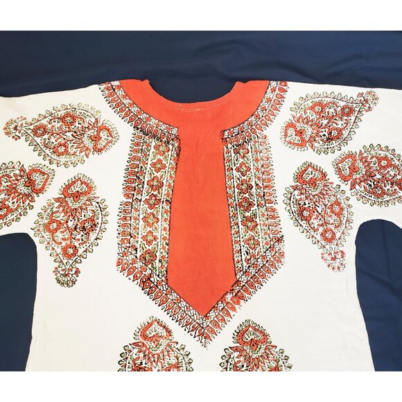 Vintage Dashiki 1970s Orange Natural Cotton Bell Sleeves Top Tunic Shirt Blouse - Picture 7 of 10